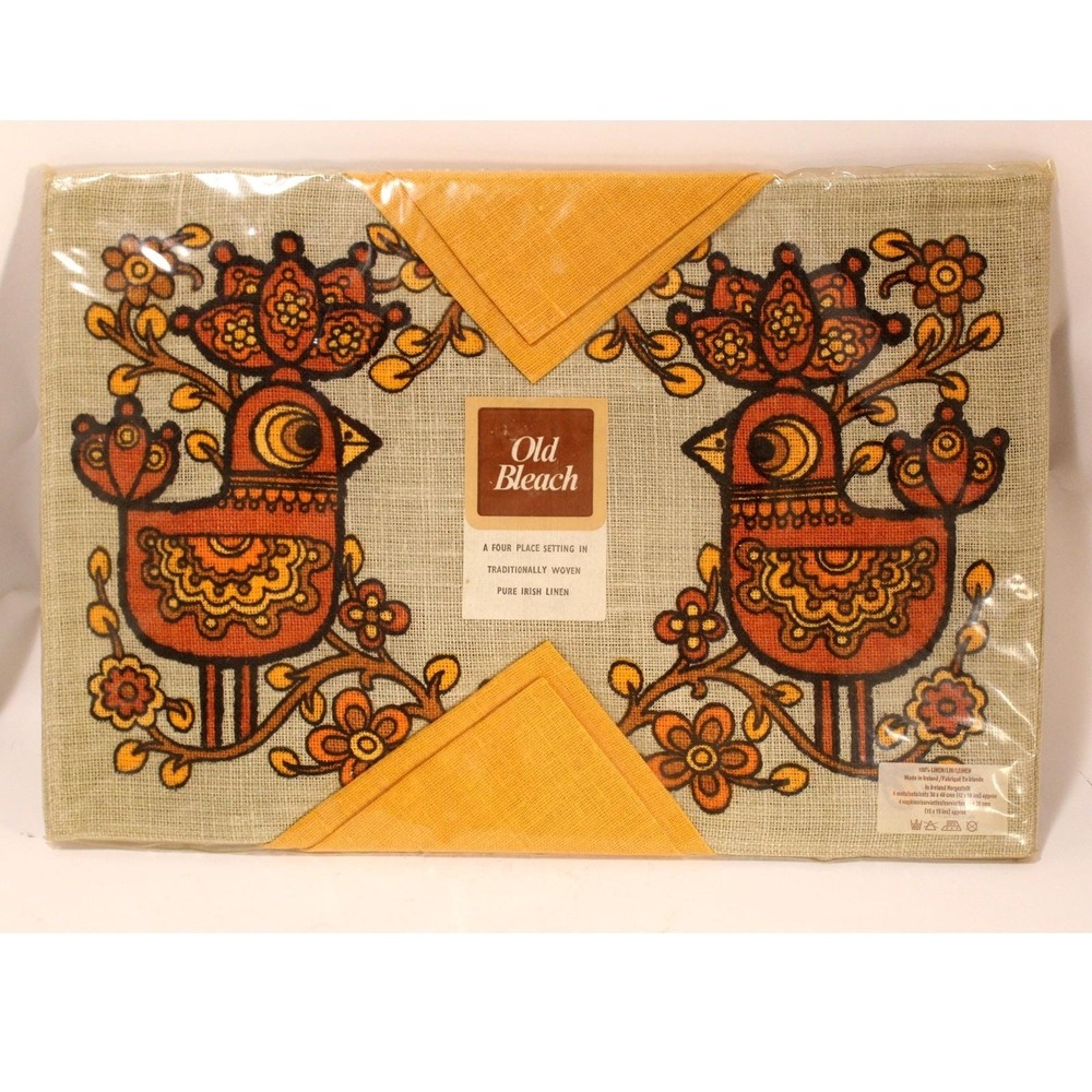 Vintage Old Bleach Irish Linen Orange Woven Placemats/Napkins Birds Ireland NOS